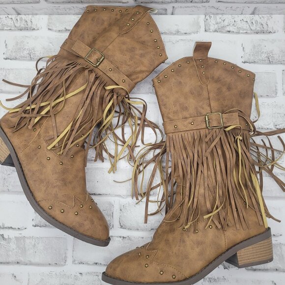 NWOB Tassel Fringe Cowgirl Boots Unbranded Faux Leather Size 42 EU 10 US Tan - Picture 1 of 6